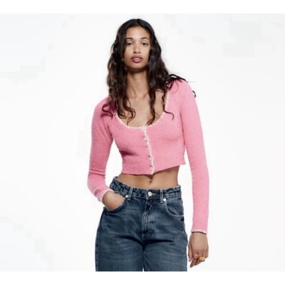 Zara Pink Knit Cropped Button Front Cardigan Size Small Coquette Fairy Cottage - Picture 1 of 7